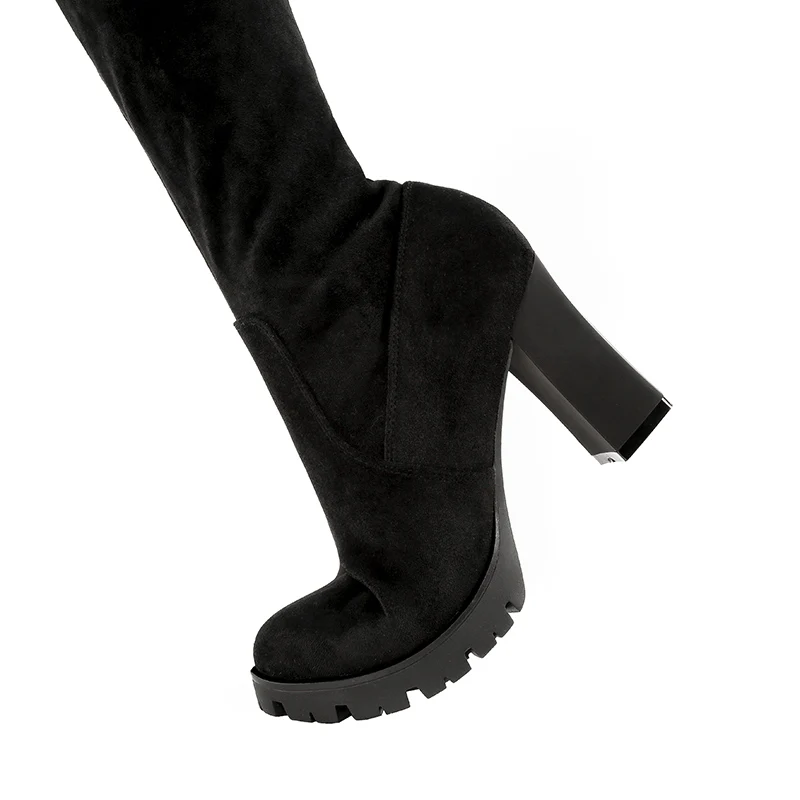 Г., Зимние Замшевые женские сапоги на высоком каблуке эластичные узкие Сапоги выше колена на платформе теплые высокие сапоги на высоком каблуке Женская обувь