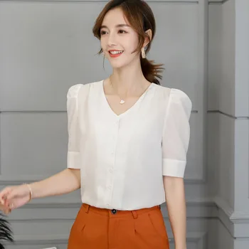 

Women Blouse Short Sleeve V-Neck Solid Chiffon White Shirt Casual Office Tops