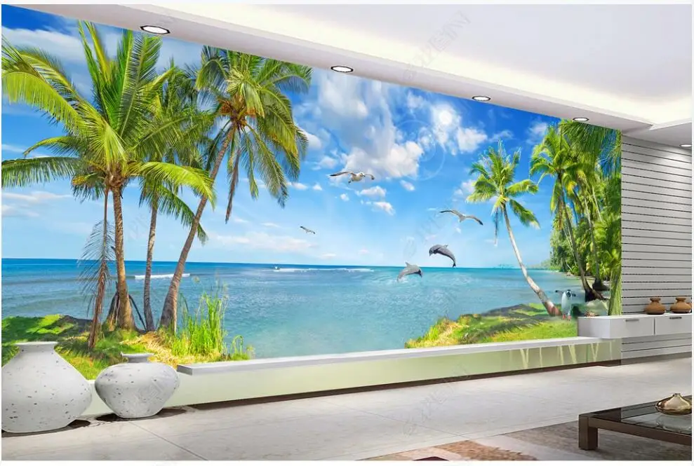 

Custom mural 3d photo wallpaper Blue sky and white clouds beautiful seascape dolphin decor living room wallpaper for walls 3 d