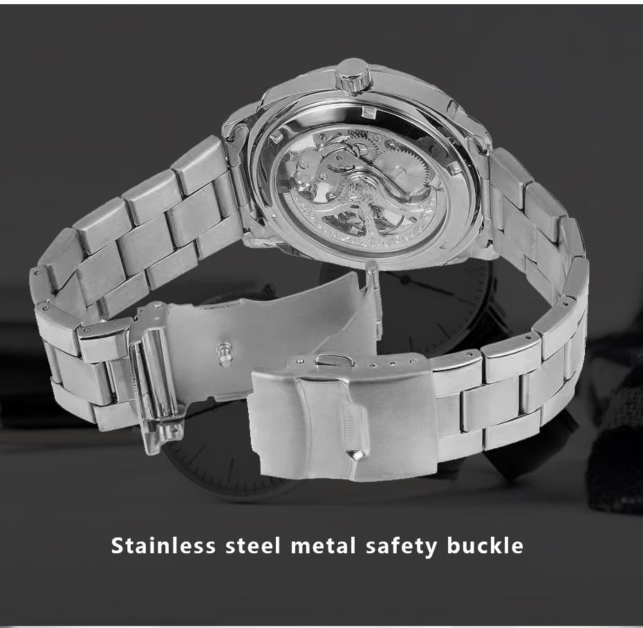 Серебряные автоматические механические часы для мужчин, скелет, нержавеющая сталь, самовзводные наручные часы, победитель, мужские часы, relogio masculino