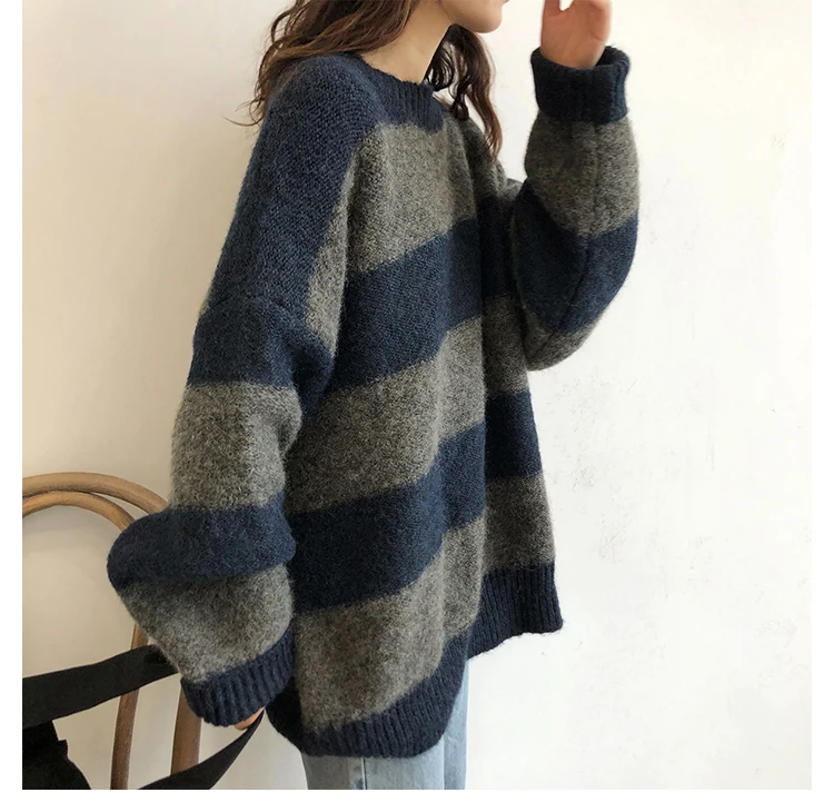 Women Oversized Thin Sweater Vintage Striped Loose Pullover Streetwear Autumn Knitted Jumper Femme 2021 Sueter Mujer long sweater