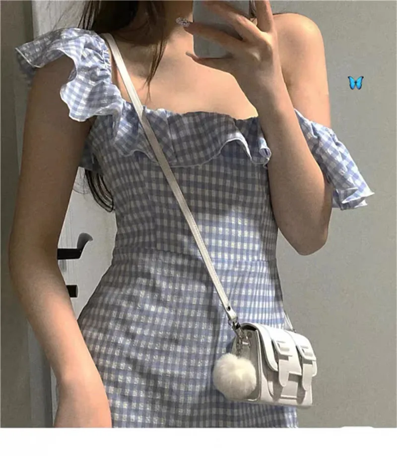 

French retro bubble sleeves a word collar lotus leaf edge checkered dress female show thin fishtail bag hip skirt 2021 summer