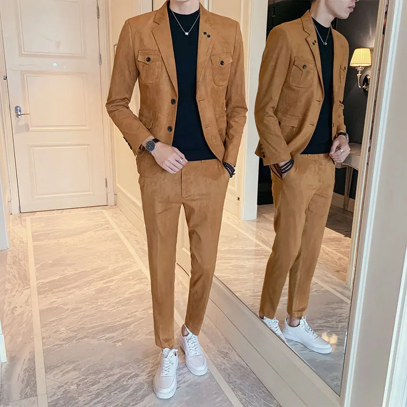 2019 autumn and winter suede men's casual fashion slim suit suit quality fabric men's two single-breasted business casual suits 2019 autumn and winter suede men's casual fashion slim suit suit quality fabric men's two single-breasted business casual suits