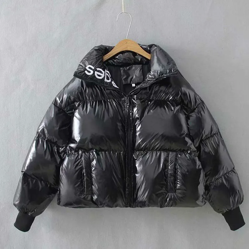 

Glossy Winter Down Cotton Padded Jacket For Women Thick Bright Black Short Shiny Jacket Coats Black Red Cotton Parkas