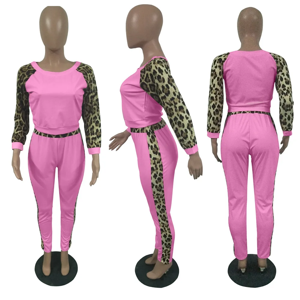 ANJAMANOR, Модный женский спортивный костюм с леопардовым принтом, с длинным рукавом, комплект из двух предметов, топ и штаны, спортивные костюмы для отдыха, D29-AE53