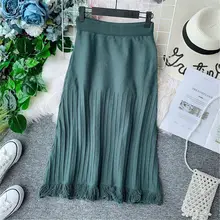 LUOSHA Women Autumn Winter Women Mermaid Trumpet Knitted Pleated Tassel Skirt Ladies Skirts Casual Midi Skirt Jupe Femme