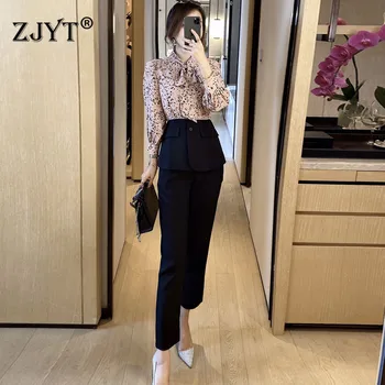 

Fashion Two piece Outfits for Women Pants and Top 2020 Spring Eleagnt Bow Collar Print Chiffon Blouse Pants Suit Matching Set