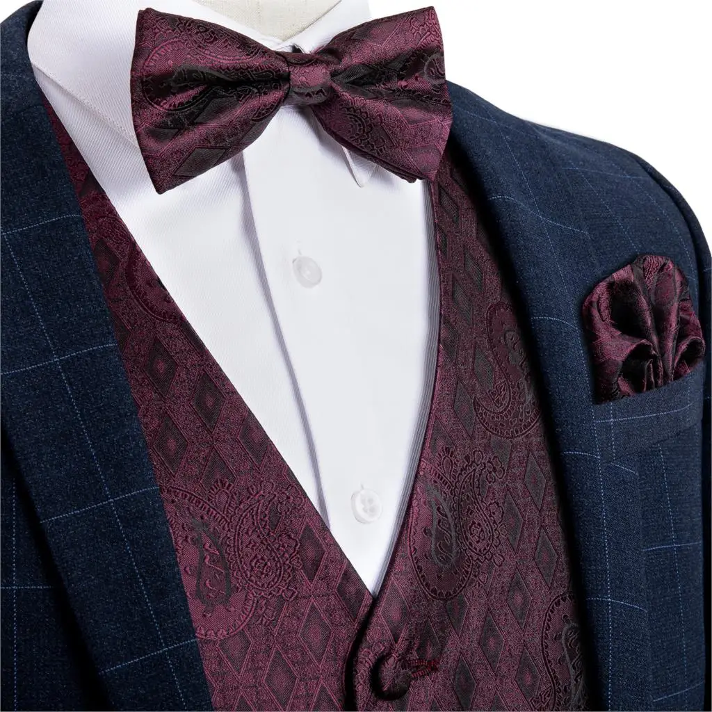 

Men's Red Wine Paisley Fashion Wedding Men Silk Waistcoat Vest Bowties Hanky Cufflink Cravat Set for Suit Tuxedo DiBanGu MJ-115