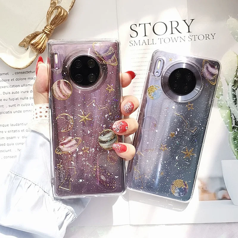 Блестящий Прозрачный чехол с космосом и звездами для Huawei Mate 30 pro Mate30 прозрачный