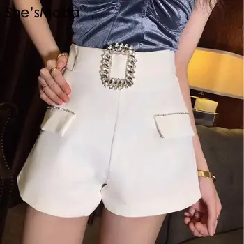 

She'sModa Luxury Fashion Diamonds Back Zipper Suit Fabric Spring Summer Women's Shorts