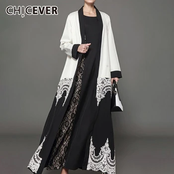 

CHICEVER Patchwork Lace Women's Trench V Nech Open Stitch Long Sleeve Hit Color Plus Size Casual Coat Female 2020 Clothes New