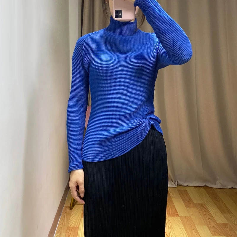 Осенняя плиссированная женская рубашка Miyak с воротником-хомутом, серия Fashion me, сплошной цвет, длинный рукав, высокая стрейч-футболка T9890778