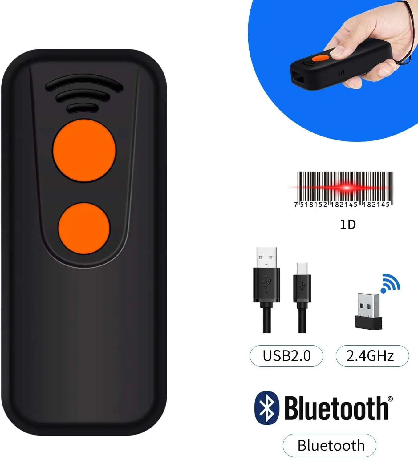 1D лазерный портативный Bluetooth 2 4G беспроводной USB 3 в 1 сканер штрих кода с режимом