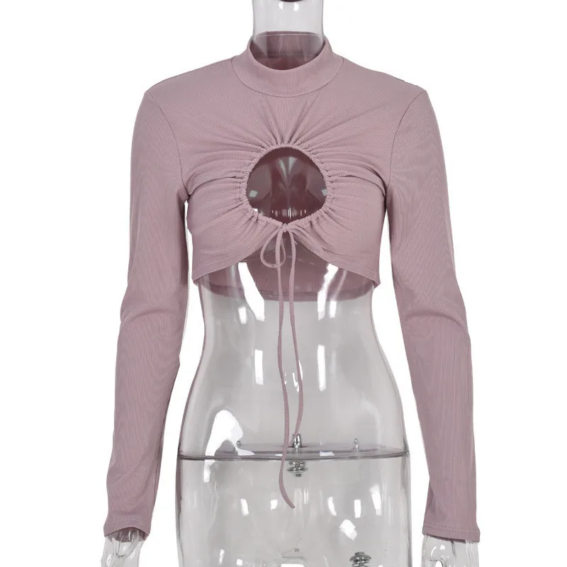 New Women's Solid Color Long-sleeved Round-neck Hollow Lace-up Top Sexy Short Navel T-shirt Street Wear Party Night Club Wear