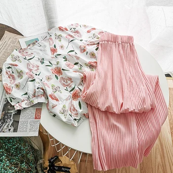 

2020 Summer Chiffon 2 Piece Sets Women V Neck Floral Printed Short Blouse+high Waist Wide Leg Pants Casual Female Sets
