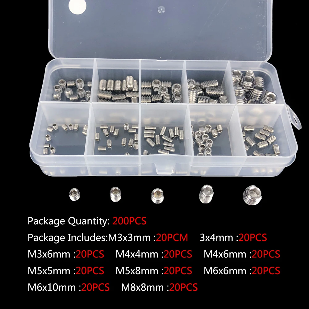 

200pcs Hex Hexagon Socket Screw Set Stainless Steel Flat Point Grub Screw Assortment Kit M3/M4/M5/M6M8 Headless Set Screw