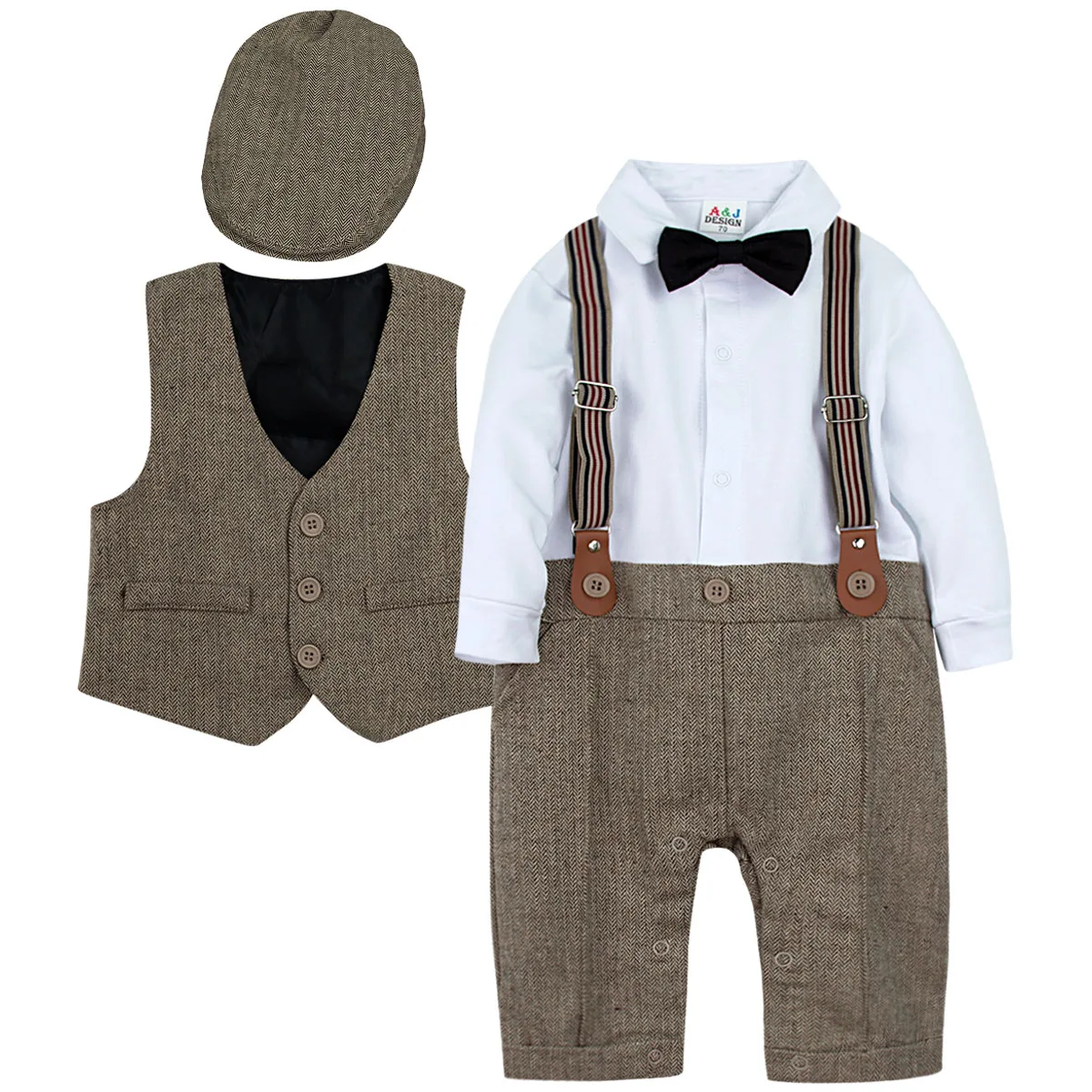 Newborn Baby Gentleman Clothing Set Infant Boys Formal Outfit Suspender Romper Long Sleeve Overalls 3PCS |
