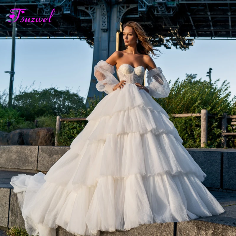 

Fsuzwel Charming Strapless Lace Up Beaded A-Line Wedding Dress 2020 Graceful Tiered Net Court Train Vintage Bride Gown Plus Size