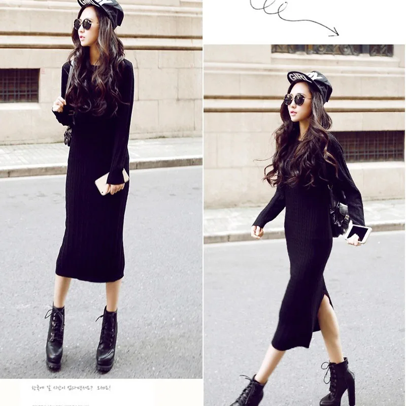 2019 Korean style women sweater pullover long solid kintted o-ncek sexy slim office lady korean dress new | Женская одежда