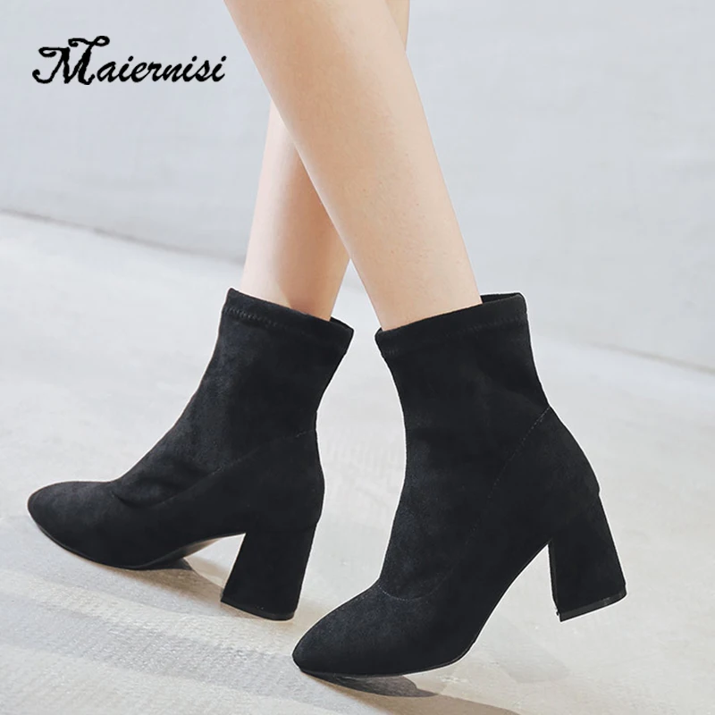 

MAIERNISI High-heeled boots female spring and autumn single boots thick with new boots wild elastic socks boots