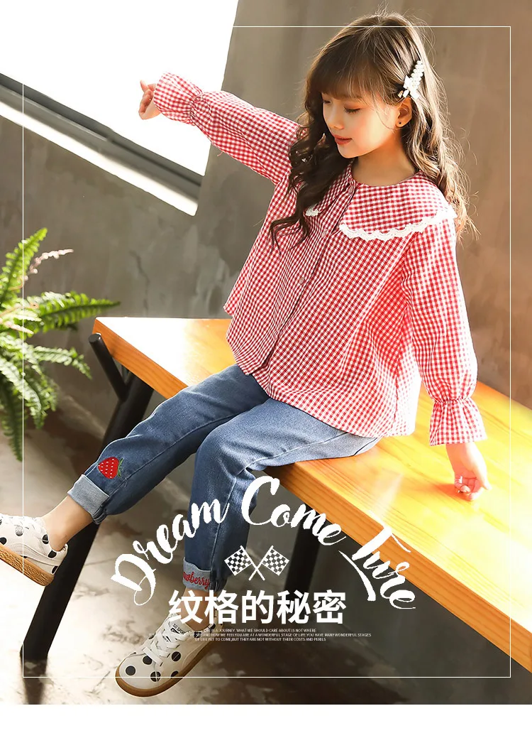 Girls Clothing Sets Spring Autumn Plaid Blouse+ Jean Denim Pants Kids Children Clothes Suit