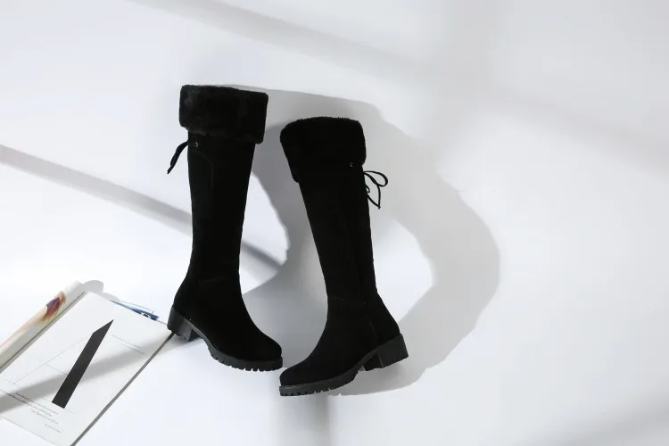 Boots Women Knee High Motorcycle Boots Bow-tied Slip On Martin Boots All Match British Style fashion warm plush Plus Size 44