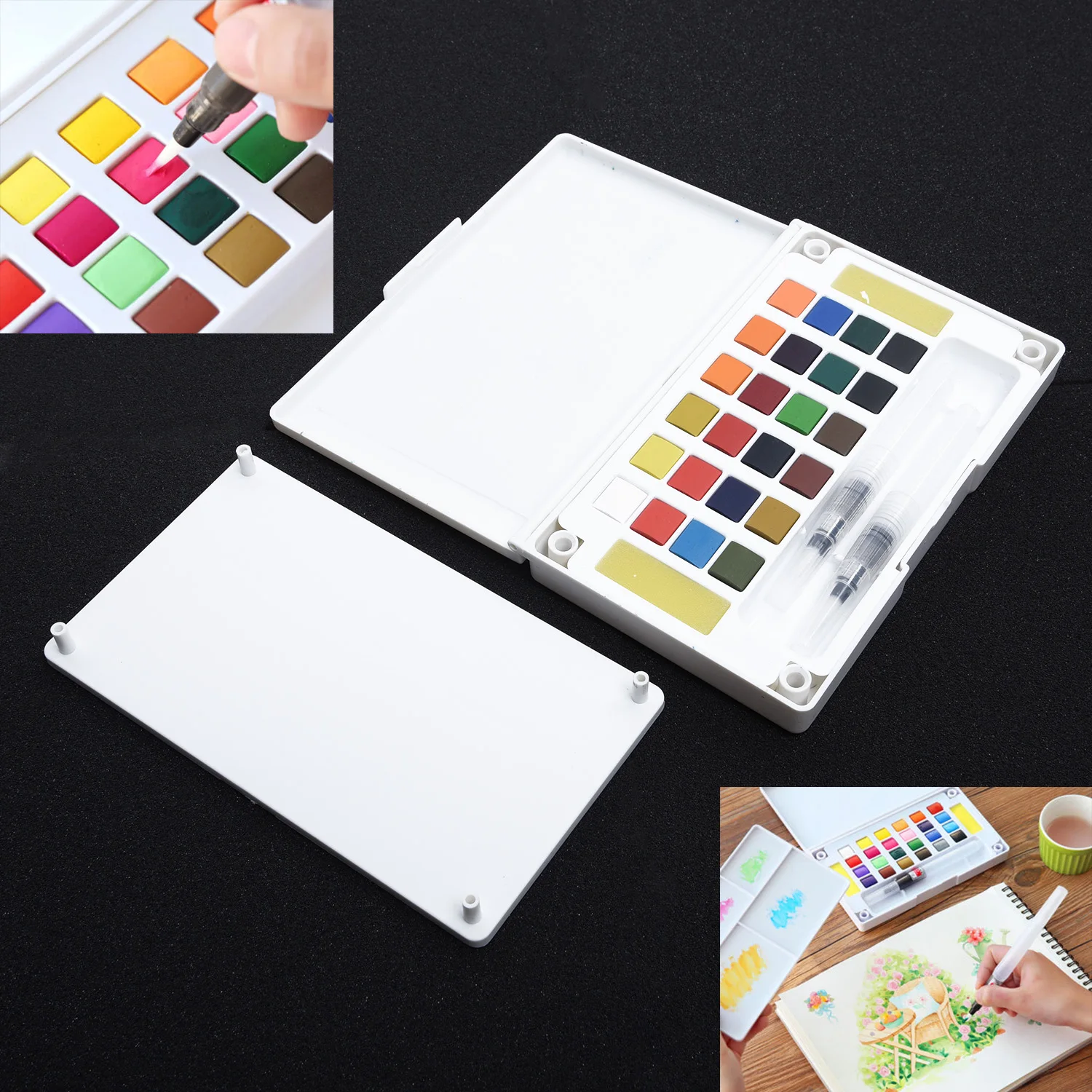 Solid Watercolor Paint Box Groove Design With Paintbrush Portable Box Kit