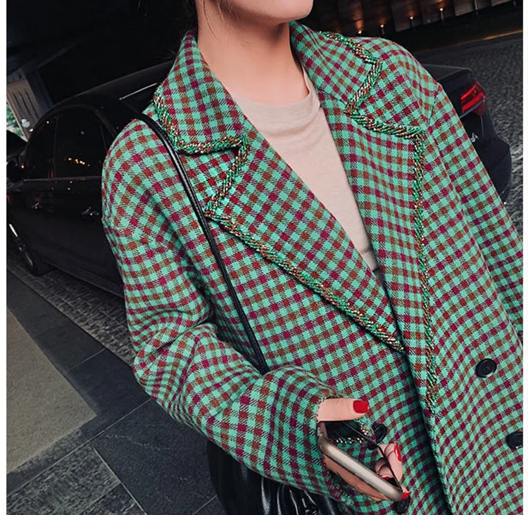 Reviews 2020 Green Tweed Coat Women Loose Suit Autumn and Winter Nail Beads Notched Women Jackets and Coats Suit