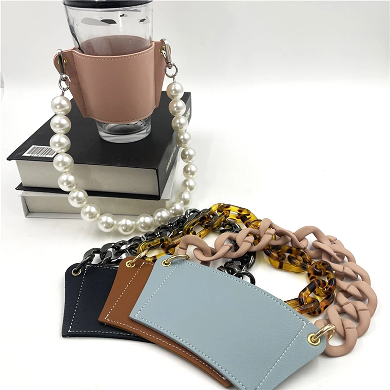 Faux Leather Coffee Cup Sleeve With Resin Chain Strap