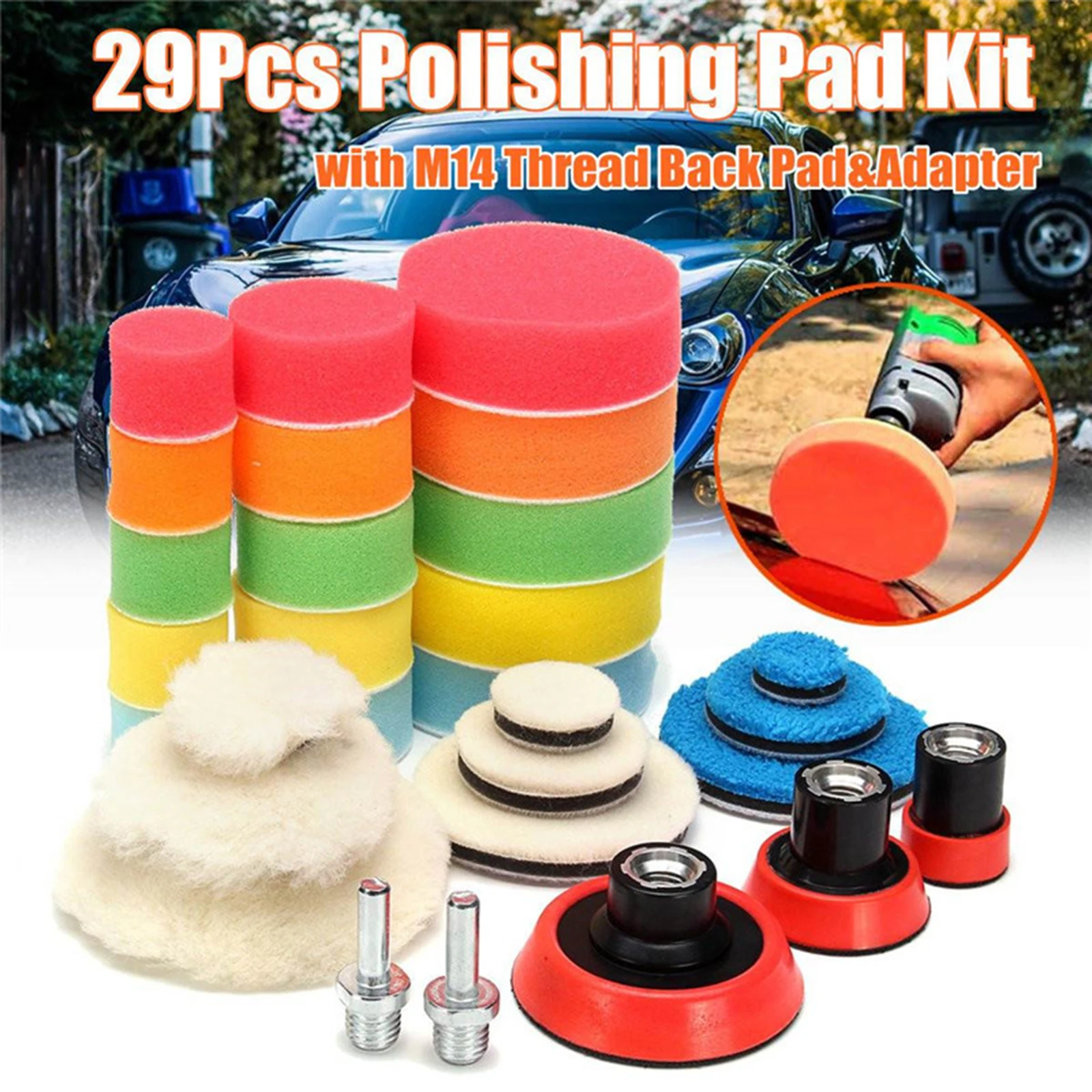 

29pcs Car Foam Drill Polishing Pad Kit 1.2/2/3 Inch Buffing Pads Sponge Set M14 Drill Adapter Power Tool Car Cleaning Tools
