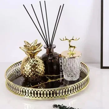 

Shiny gold plated Round Serving Tray Jewelry Storage Luxury Marble Home Decoration Organizer Display