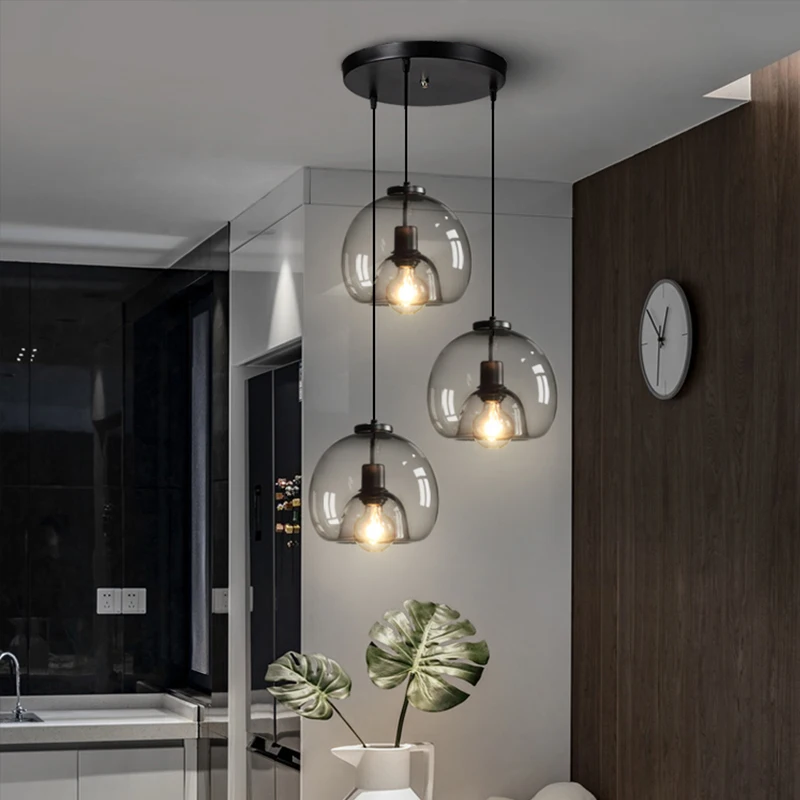 Minimalist Dining Room Chandelier Black/Smoke Grey for Living Bedroom Bedside Bar Hanging 1/2/3 Heads Glass Bubble Lamps | Лампы и