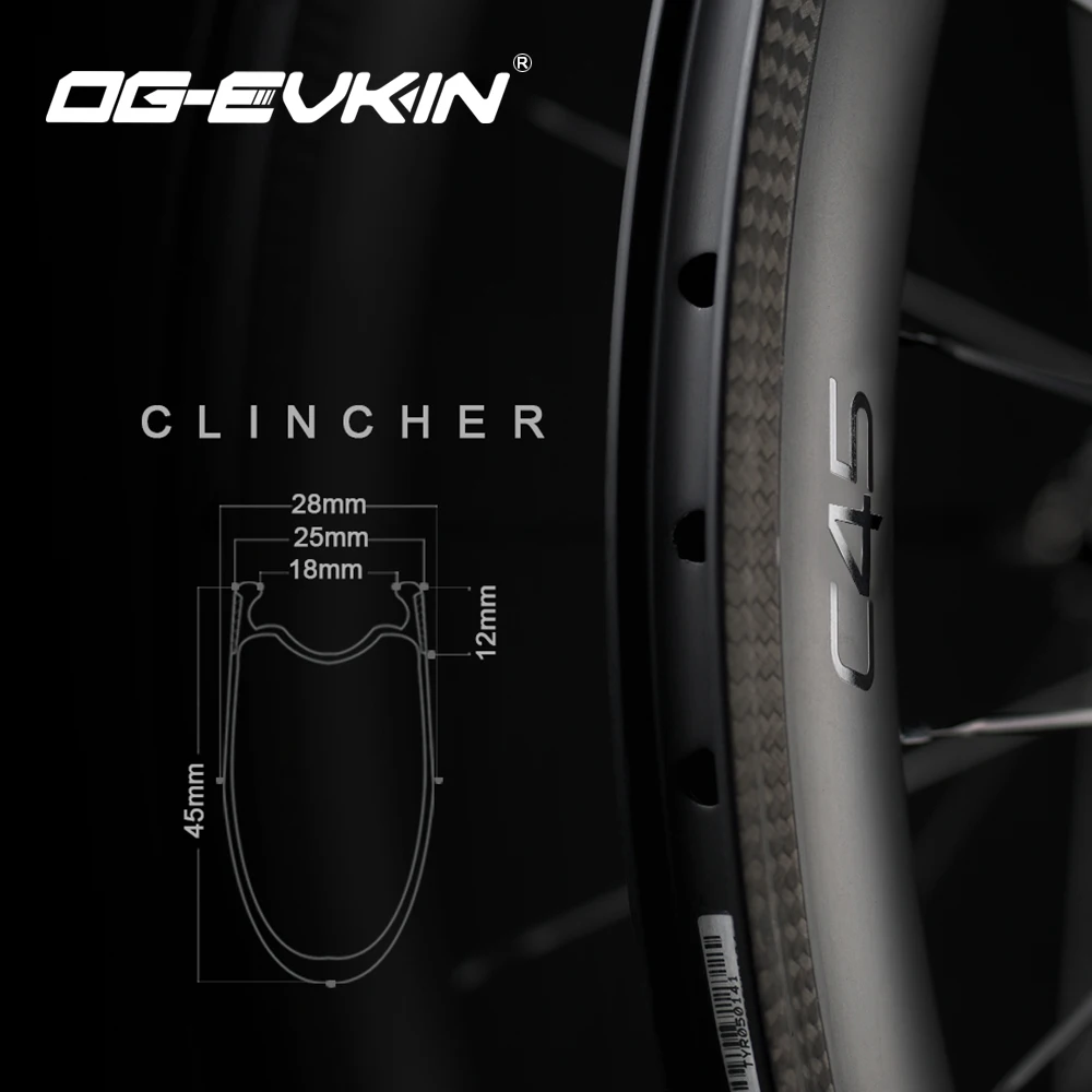 OG-EVKIN RW002 NEW Carbon Wheels Road Clincher V Brake 45mm Bike Wheel Disc Brake 25mm Road Bicycle Wheelset Black