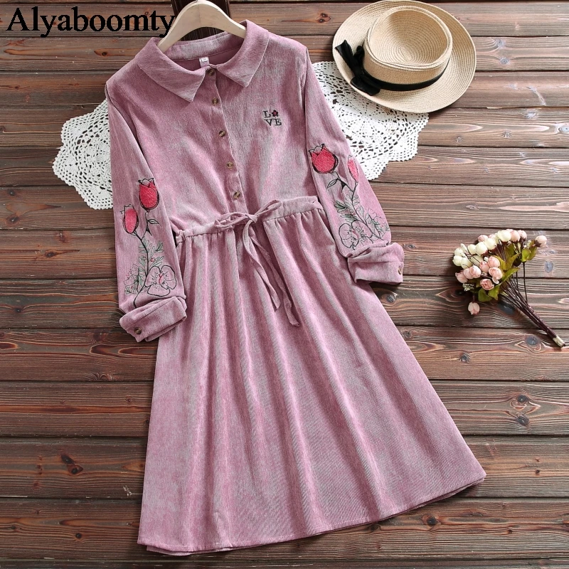Японское женское милое платье Mori Girl, 8 цветов, винтажная Цветочная вышивка, Vestidos Femininos Kawaii, рождественский подарок, вельветовое платье - Цвет: Pink