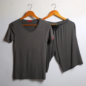 

Summer Men's Short Sleeve Pajamas Set V-neck and Shorts With Pockets Modal Lounge Set More Soft Sleepwear Set for Man Nightwear