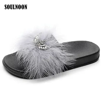 

New Women Fur Slippers Woman's Fluffy Slippers Rhinestone Plush Furry Flip Flops adies Lovely Indoor Slides Casual Soft Slippers