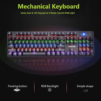 

Green Axis Mechanical Keyboard English / Russia 104 Keycaps 9 Mode Colorful RGB Light Mechanical Wired Gaming Keyboard
