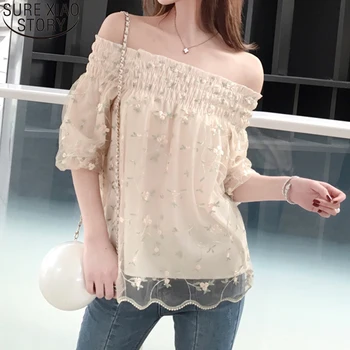 

Lace Blouse 2020 New Sweet Sexy Women Off Shoulder Short Lantern Sleeve Floral Print Mesh Tops Blusas Mujer De Moda 9255 50