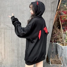 Fall Black Harajuku Hoodies Women Sweatshirt Punk Gothic Girls Devil Wing Loose Autumn Pullover Top Warm Casual Sweatshirt