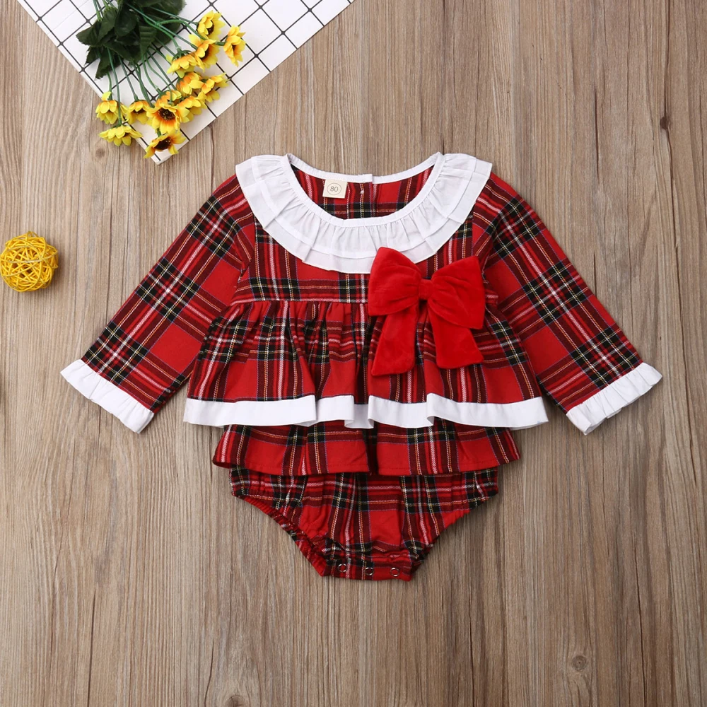 Рождественская Одежда для новорожденных девочек от 0 до 24 месяцев ползунки в клеточку, комбинезон, платье, наряд