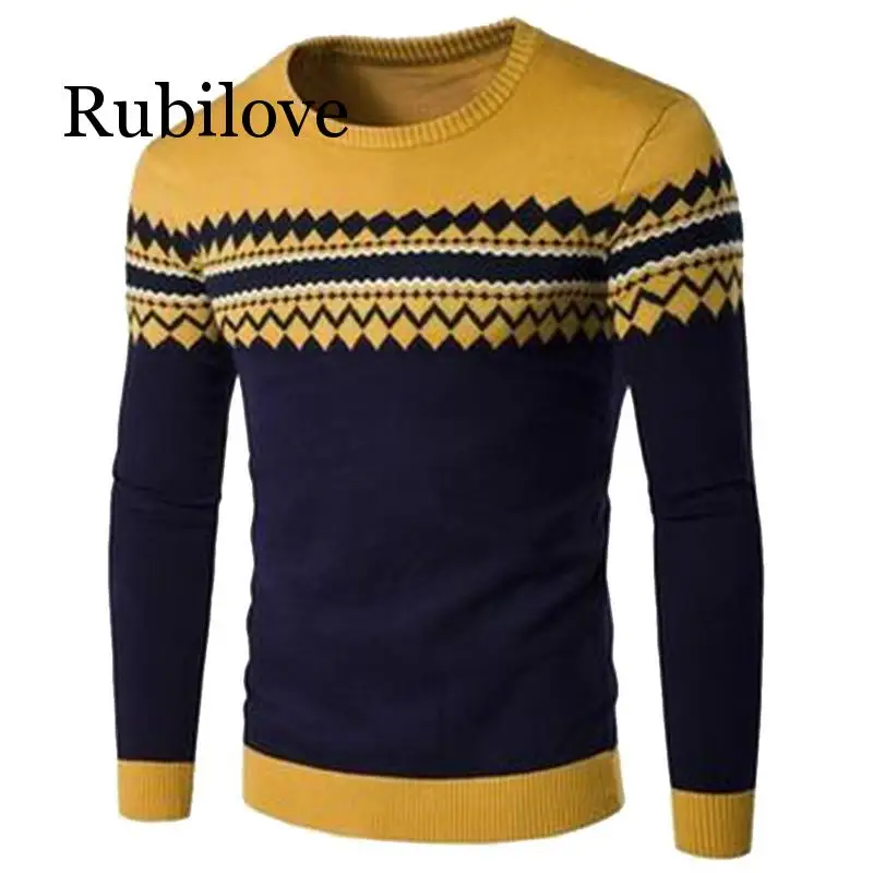 Rubilove, мужские свитера, модный стиль, Осень-зима, пэчворк, вязаный качественный пуловер, Мужской Повседневный свитер размера плюс