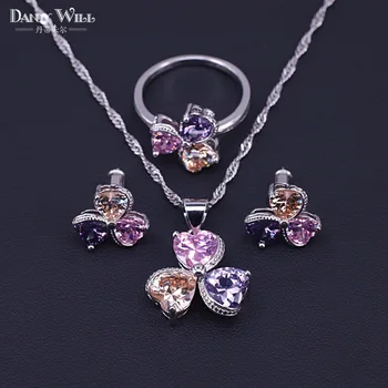 

Lovely Flower Women Girls Party Crystal Jewelry Set Silver Color Necklace Earrings Set Holiday Gift Wholesale