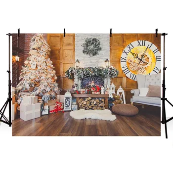 

Mehofond Christmas Tree Backdrops Gift Clock Dark Wooden Floor Mat Fireplace Decorations Photography Background for Photo Studio