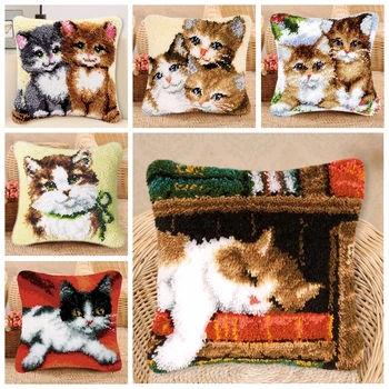 

Smyrna Cute Cat Kussen Kleed La Casa De Latch Hook Embroidery Carpet Latch Hook Kits Rug Canvas Pillowcase DIY Cushion Foamiran