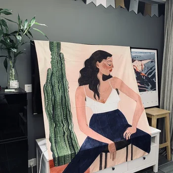 

Cactus Girl Wall Tapestry Bohemian Character Style Hanging Cloth Personality Lady Fabric for Home Decoration Living Room Curtain