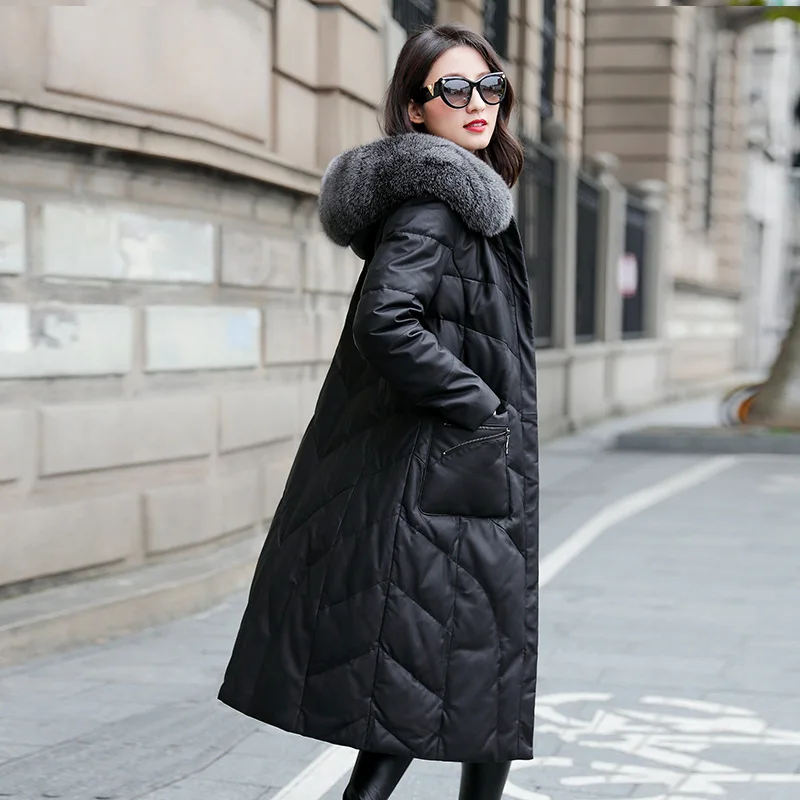 Зимняя женская куртка из натуральной кожи, длинное пальто из овчины ...