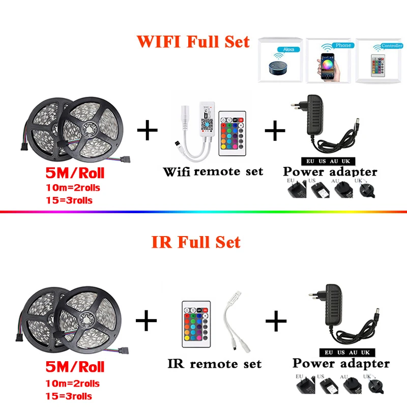 RGB Светодиодная лента светильник SMD 2835 5 м Водонепроницаемая RGB лента 12В лента Диодная Светодиодная лента s светильник Гибкая полоса лампа ИК wifi контроллер