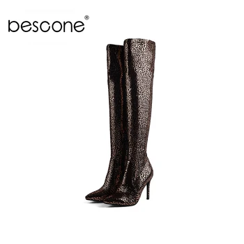 

BESCONE Handmade Ladies Over The Knee Boots Winter Warm Zipper Thin Heel Shoes New Pointed Toe Super High Heel Women Boots BY177