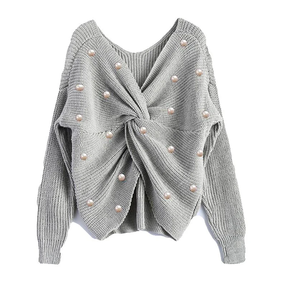 Sexy Deep V Neck Loose Woman's Sweater Long Sleeve With Plastic Pearl Irregular Backless Knitted Jumpers Female Pullovers | Женская