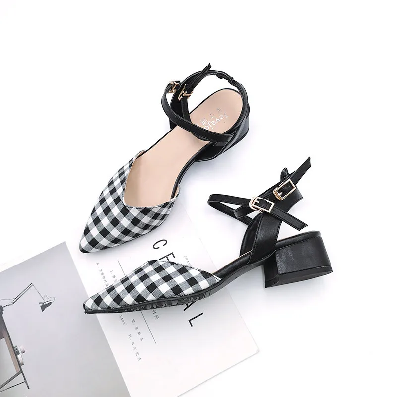 

2019 Mixed Colors Pointed-Toe Semi-high Heeled Shoes Small Chunky-Heel Hallow Sandals Closed-toe WOMEN'S Shoes